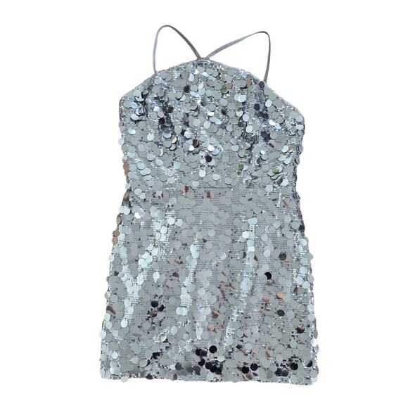 Dress The Population Silver & Gray Suri Sequin Halter Mini Dress Sz Large 10/12 - Picture 3 of 11